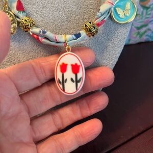 Gold-Tone Boho Floral Charm Necklace with Red Tulip Pendant